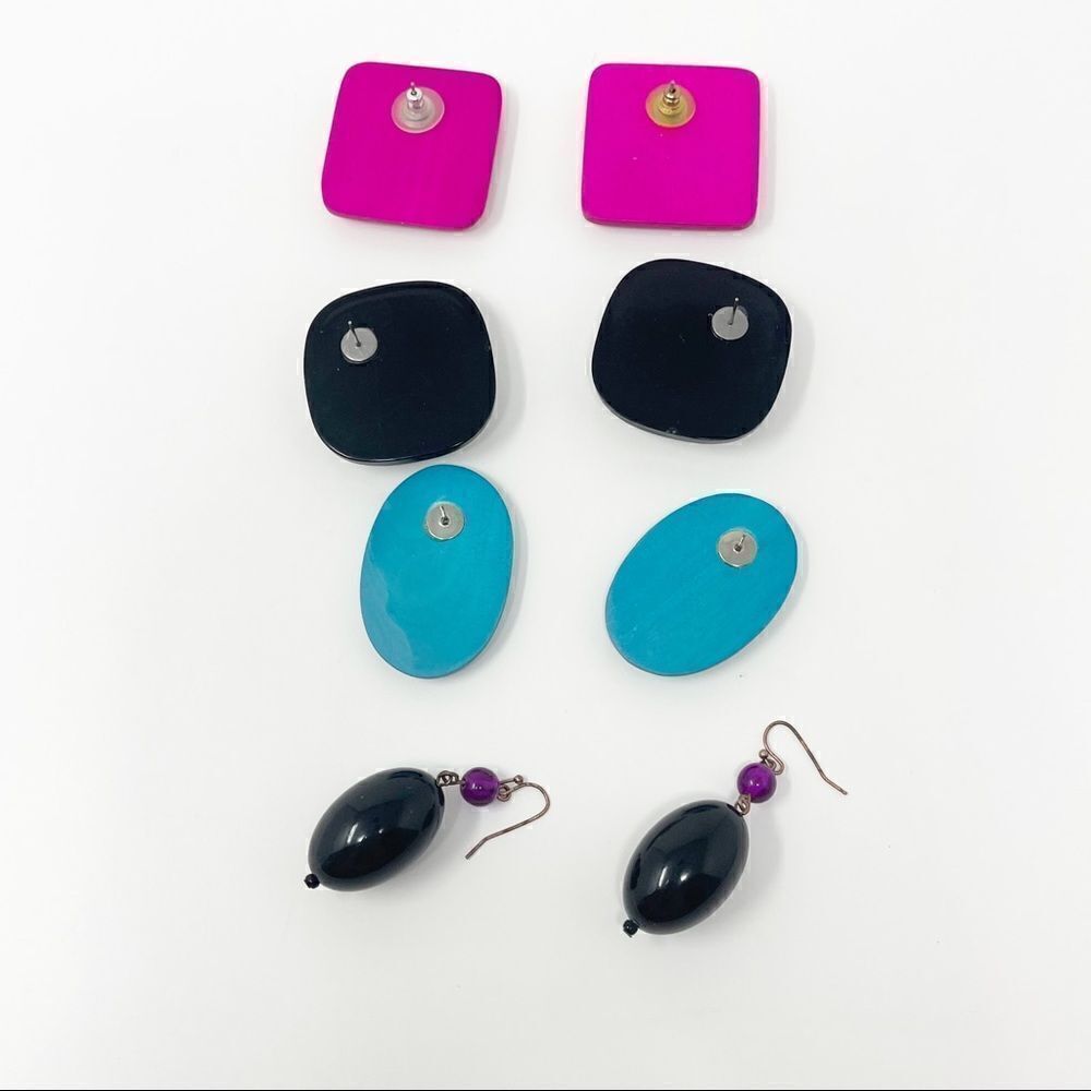 Vintage Costume Jewelry Wood Pink Teal Plastic Black Purple Lot of Earrings - Picture 4 of 5